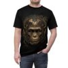 Black t-shirt featuring a detailed cyberpunk monkey head graphic with intricate circuit board elements.