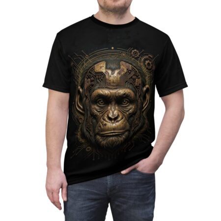 Black t-shirt featuring a detailed cyberpunk monkey head graphic with intricate circuit board elements.