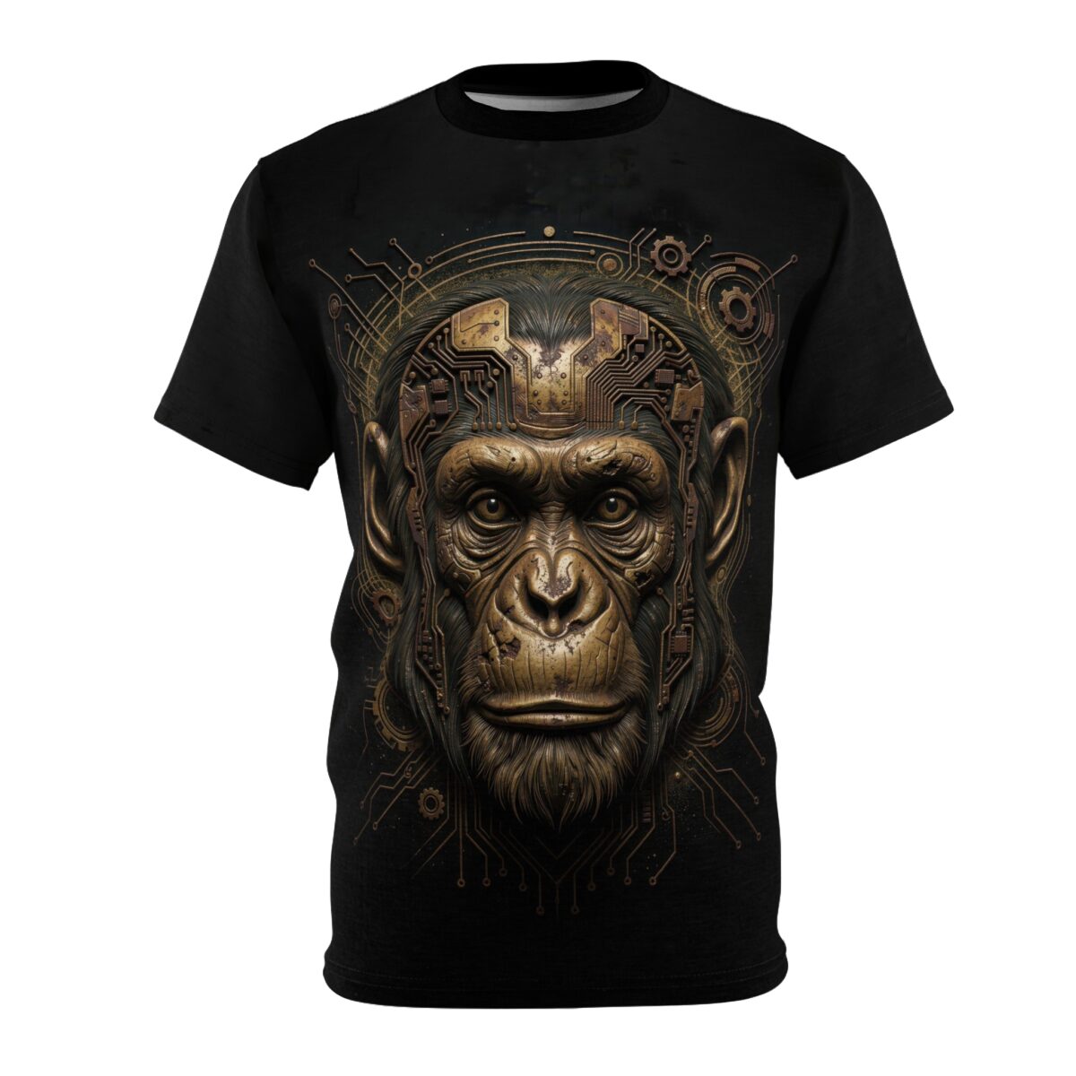 Black t-shirt featuring a detailed cyberpunk monkey head graphic with intricate circuit board elements and a metallic bronze finish.
