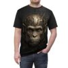 Black t-shirt with a detailed cyberpunk monkey head graphic featuring intricate circuit board elements.