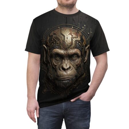 Black t-shirt with a detailed cyberpunk monkey head graphic featuring intricate circuit board elements.