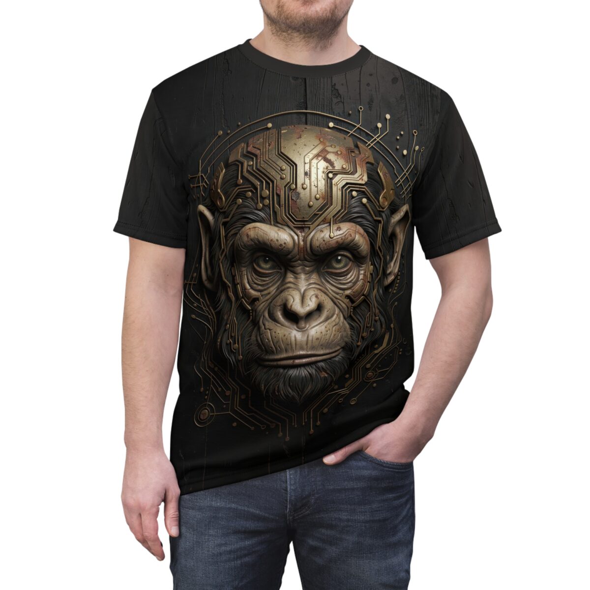 Black t-shirt with a detailed cyberpunk monkey head graphic featuring intricate circuit board elements.