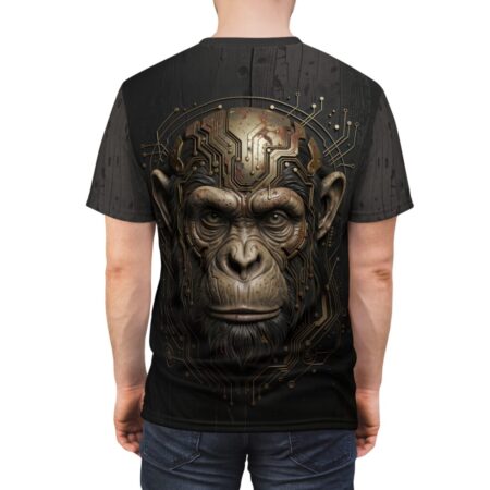 Black sublimation tee featuring a detailed cyberpunk monkey head with intricate circuit board elements across its face and head.