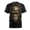 Black cyberpunk t-shirt featuring a detailed chimpanzee head with circuit board elements, showcasing a retro repeat print design.