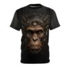 Black t-shirt featuring a detailed cyberpunk monkey head graphic with intricate circuit board elements.