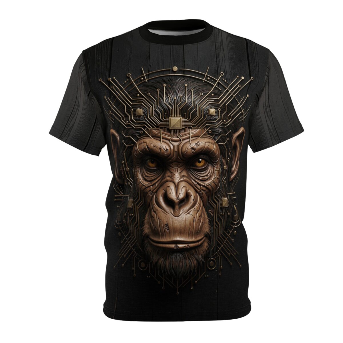 Black t-shirt featuring a detailed cyberpunk monkey head graphic with intricate circuit board elements.