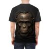 Cyberpunk monkey head graphic sublimation tee featuring intricate circuit board details and a realistic metallic finish on a black all over print background.