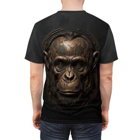 Cyberpunk monkey head graphic sublimation tee featuring intricate circuit board details and a realistic metallic finish on a black all over print background.