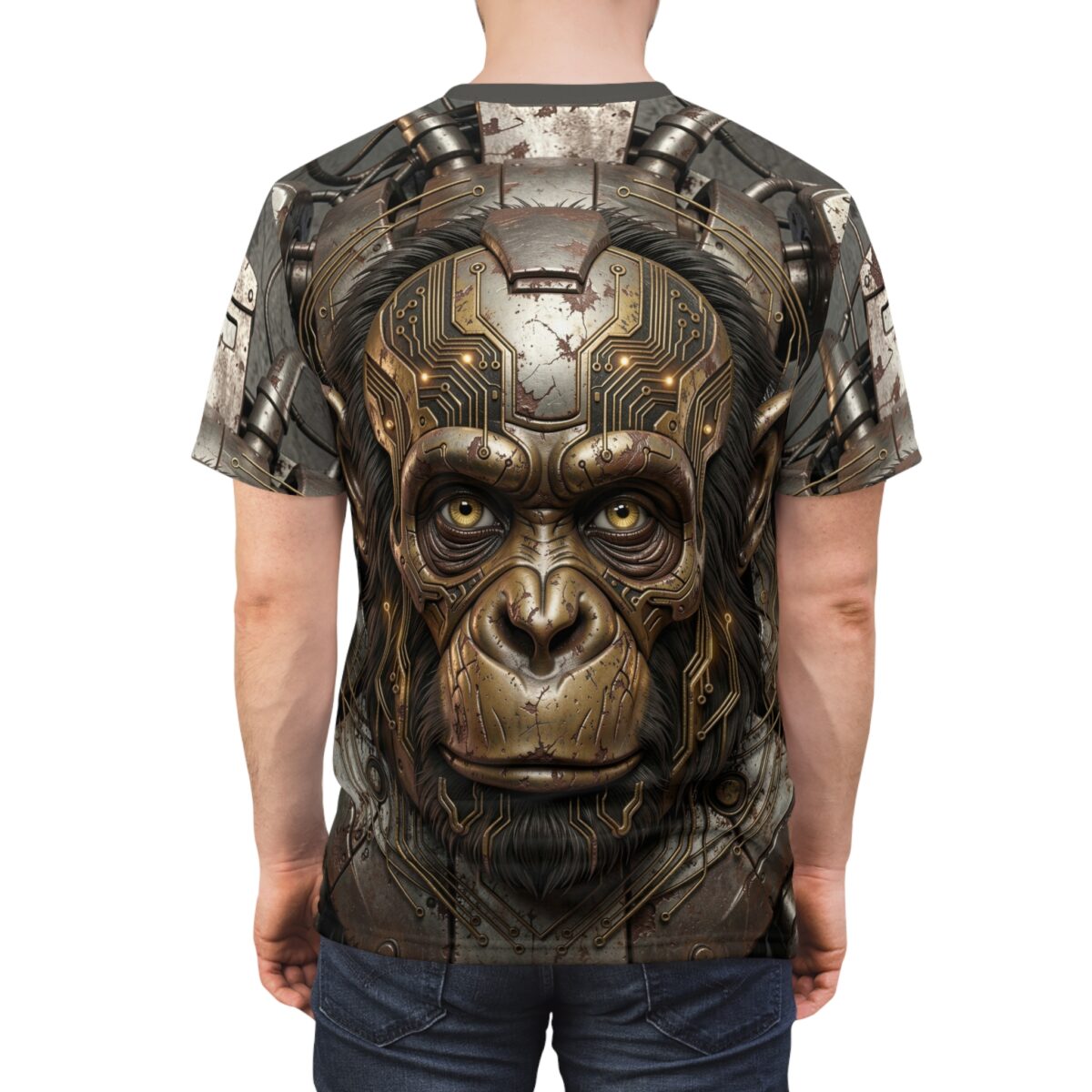 Cyberpunk robotic monkey head graphic all over print sublimation tee with intricate circuits and metallic textures.