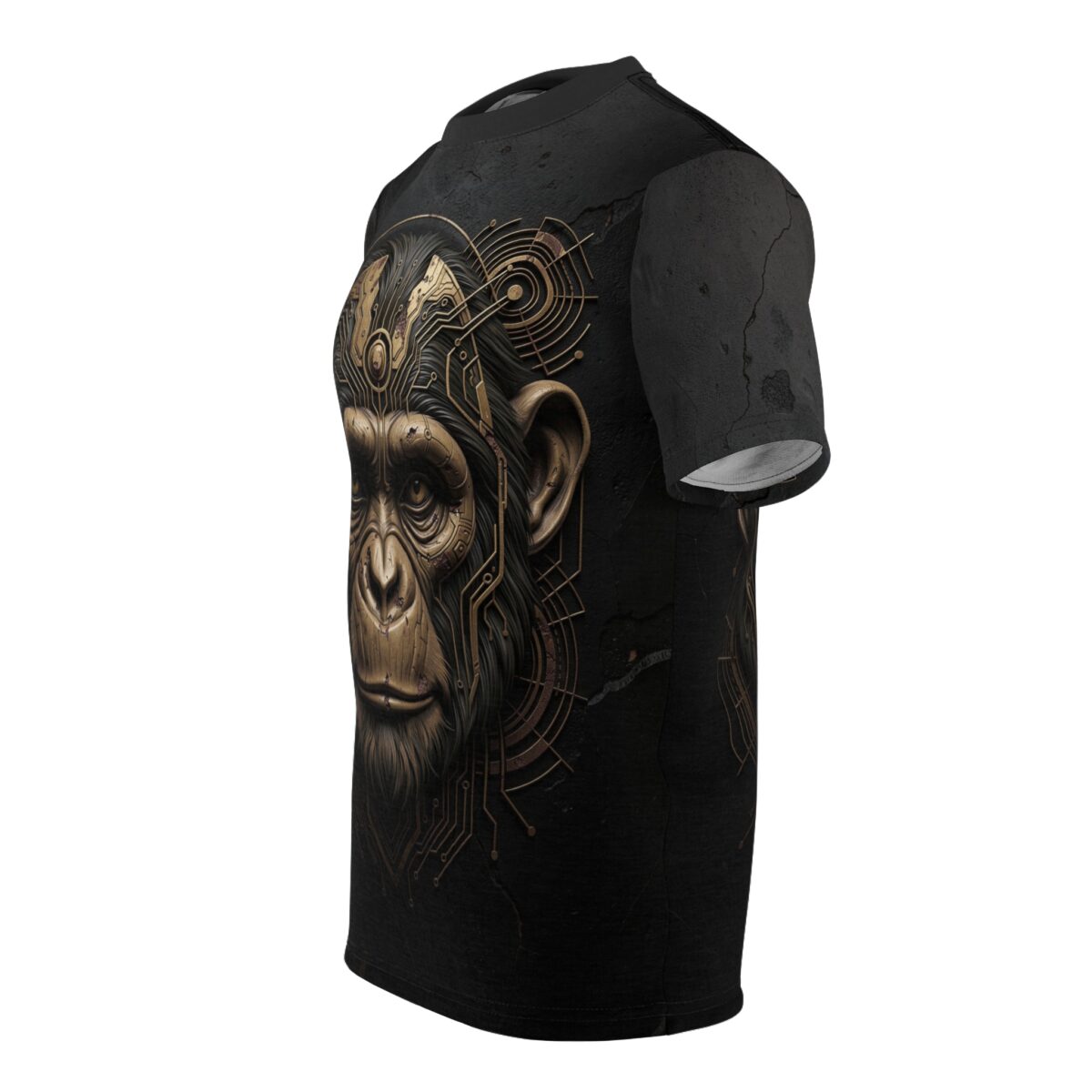Black cyberpunk tee featuring a detailed metallic monkey head graphic with circuitry accents, streetwear aesthetic.