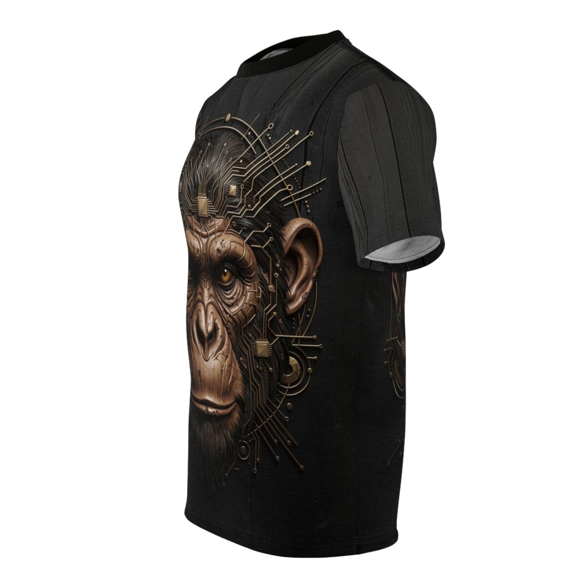 Black all over print sublimation tee with cyberpunk monkey head graphic and circuit board details.