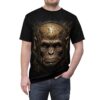 Black graphic tee with a detailed cyberpunk monkey head, featuring metallic and circuit board elements with glowing orange eyes.