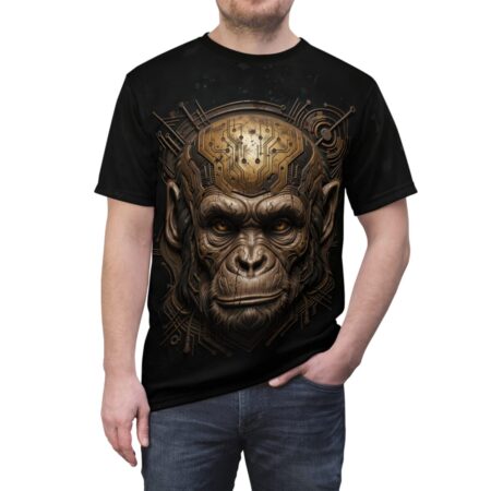 Black graphic tee with a detailed cyberpunk monkey head, featuring metallic and circuit board elements with glowing orange eyes.