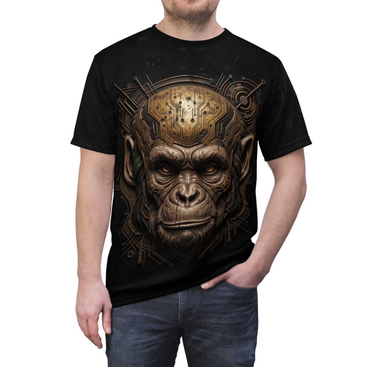 Black graphic tee with a detailed cyberpunk monkey head, featuring metallic and circuit board elements with glowing orange eyes.