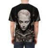 Cyberpunk robot face all over print sublimation tee with intricate mechanical details and cracked porcelain features.