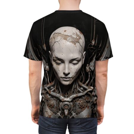 Cyberpunk robot face all over print sublimation tee with intricate mechanical details and cracked porcelain features.