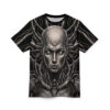 Cyberpunk robot face with intricate mechanical details and wires, printed on a black all-over print sublimation tee.