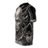 Cyberpunk robot face and wires all over print t-shirt featuring intricate grayscale graphic design on black fabric.