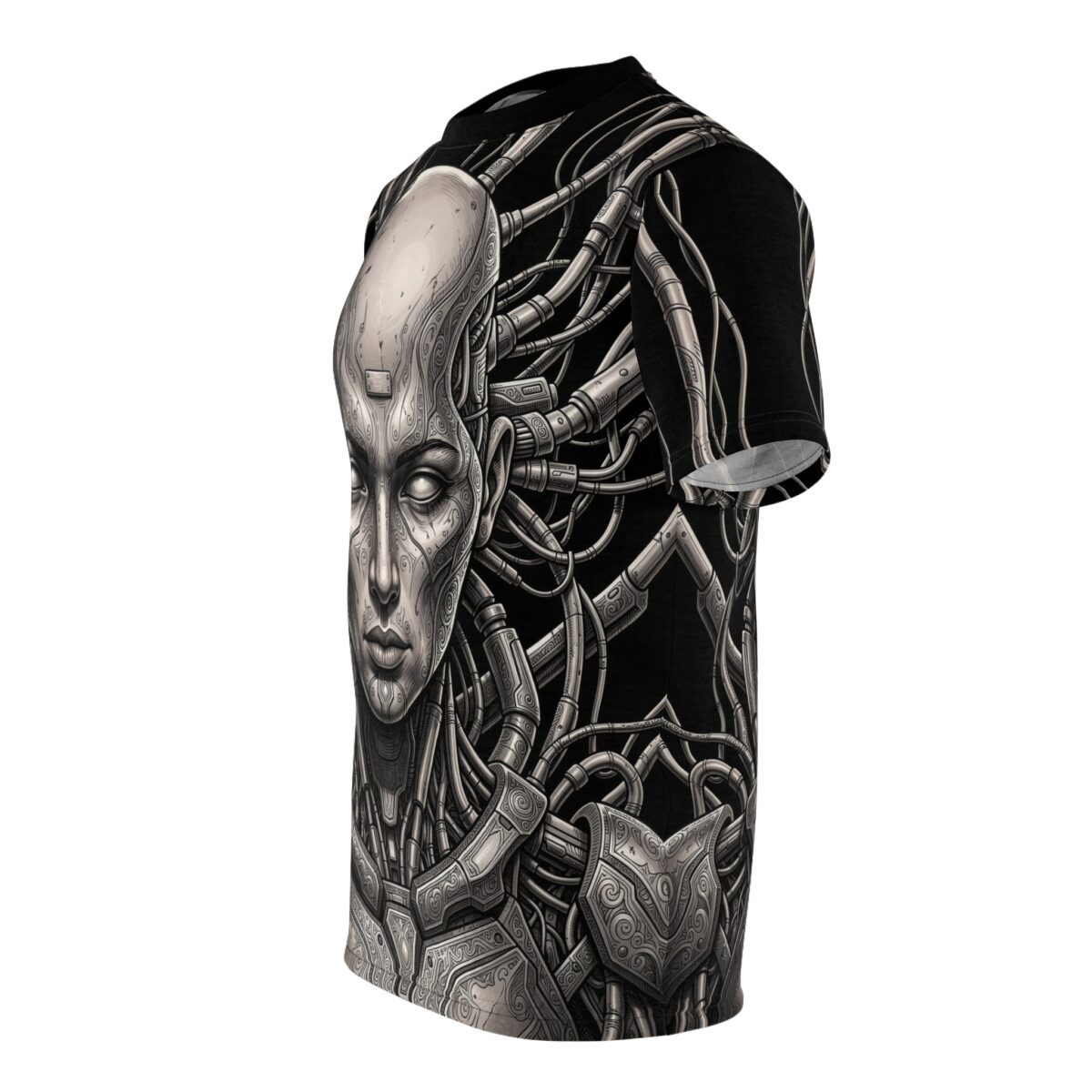 Cyberpunk robot face and wires all over print t-shirt featuring intricate grayscale graphic design on black fabric.