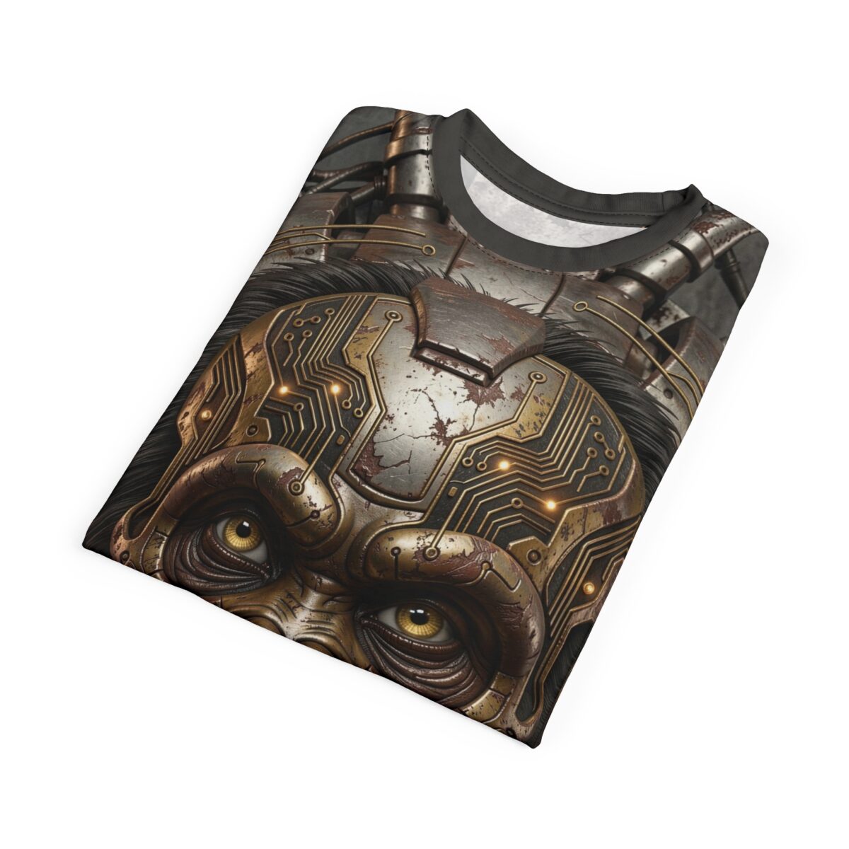 All over print t-shirt featuring a detailed cyberpunk robot face with yellow eyes and intricate circuit board patterns, evoking a streetwear aesthetic.