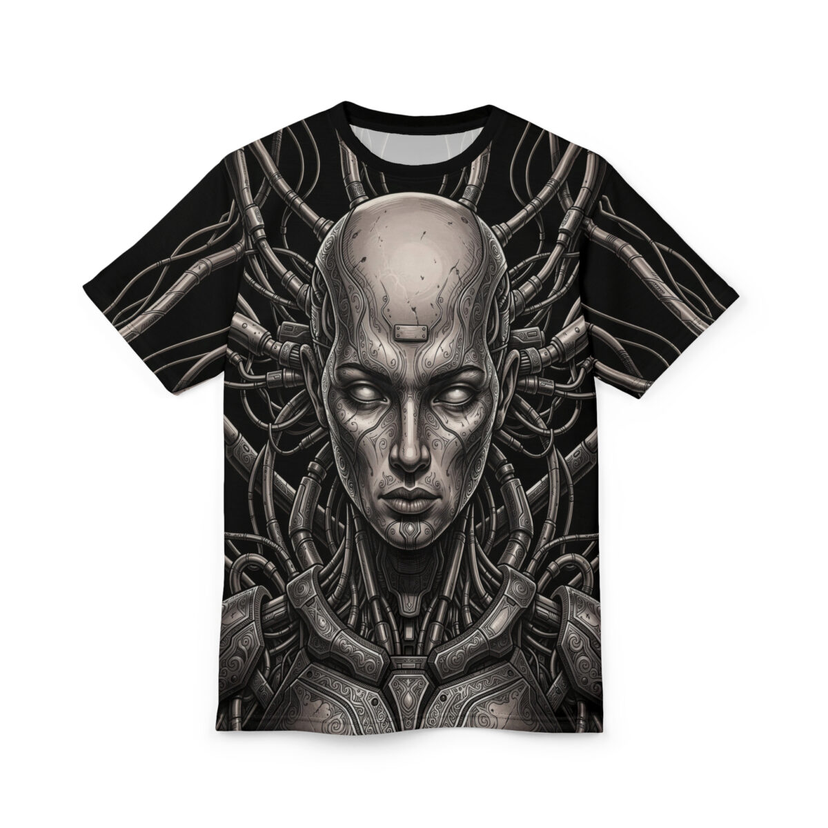 Cyberpunk robot face with intricate mechanical details and wires, printed on a black all-over print sublimation tee.