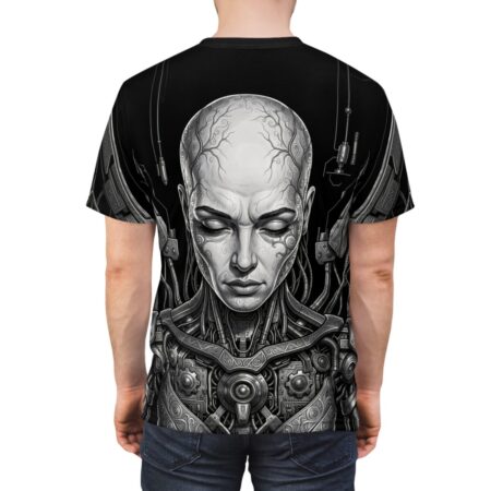 All over print sublimation tee featuring a detailed cyberpunk robot face and mechanical body graphic.