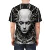 All over print sublimation tee featuring a detailed cyberpunk robot face with intricate wiring and metallic accents, black background.
