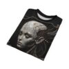 Cyberpunk robot head with wires all over print sublimation tee, featuring a distressed white face and intricate metallic details on black.
