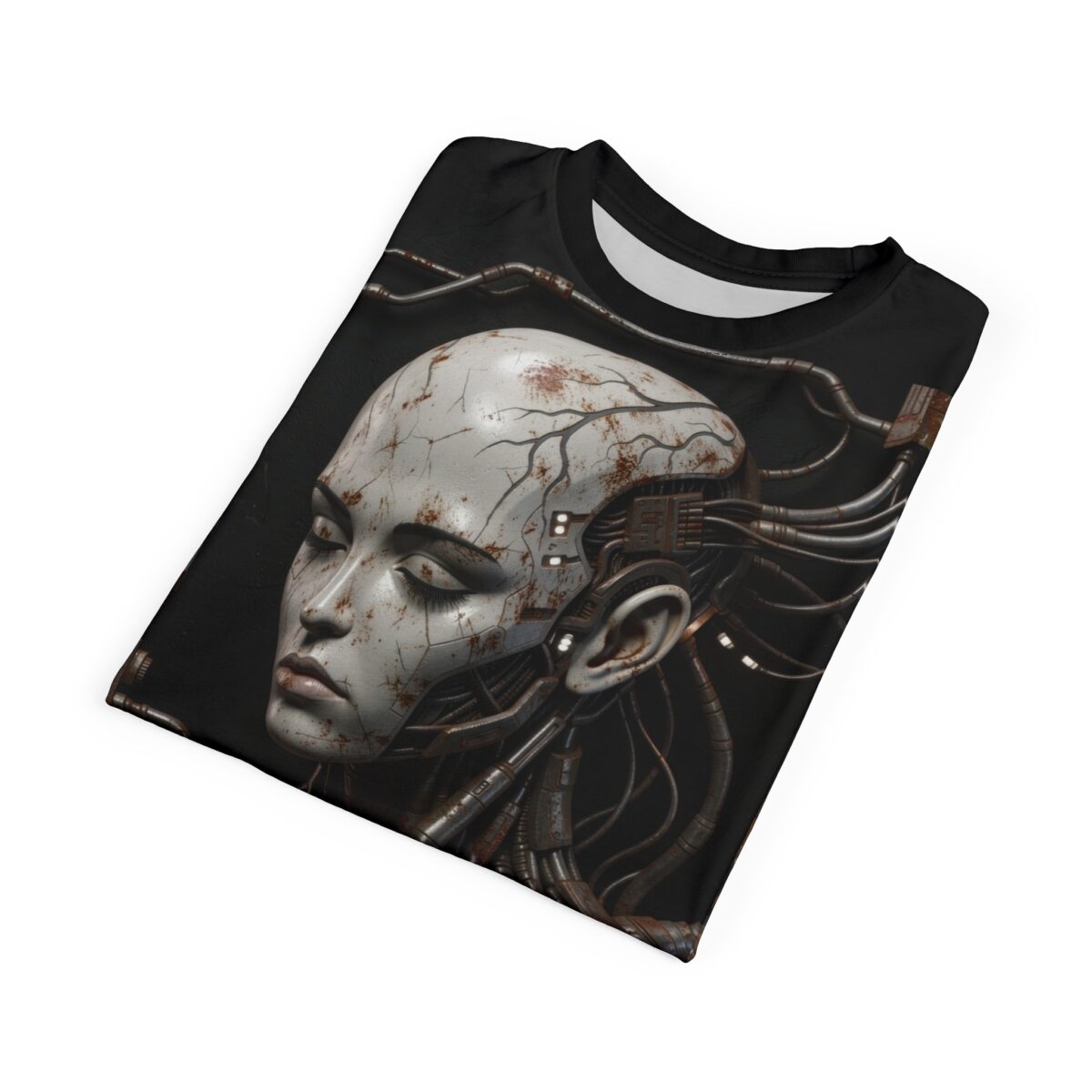 Cyberpunk robot head with wires all over print sublimation tee, featuring a distressed white face and intricate metallic details on black.