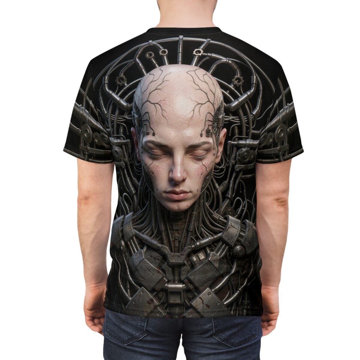 Cyberpunk robot head with intricate wiring all over print sublimation tee for a streetwear aesthetic.
