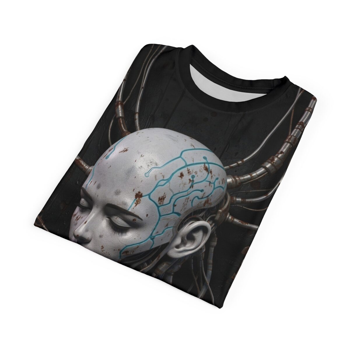 Cyberpunk robot head with wires and blue circuits graphic sublimation tee.