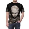 Cyberpunk robot head and mechanical parts all over print sublimation tee with a distressed, cracked aesthetic.