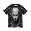 Cyberpunk robot head with wires all over print sublimation tee, dark gothic streetwear aesthetic.