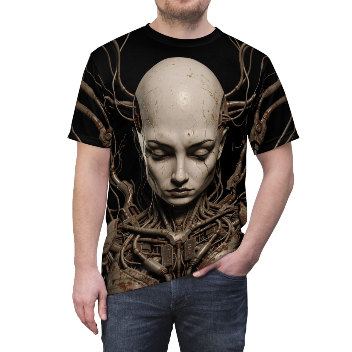 Cyberpunk robot head graphic all over print sublimation tee featuring intricate mechanical details and dark aesthetic.