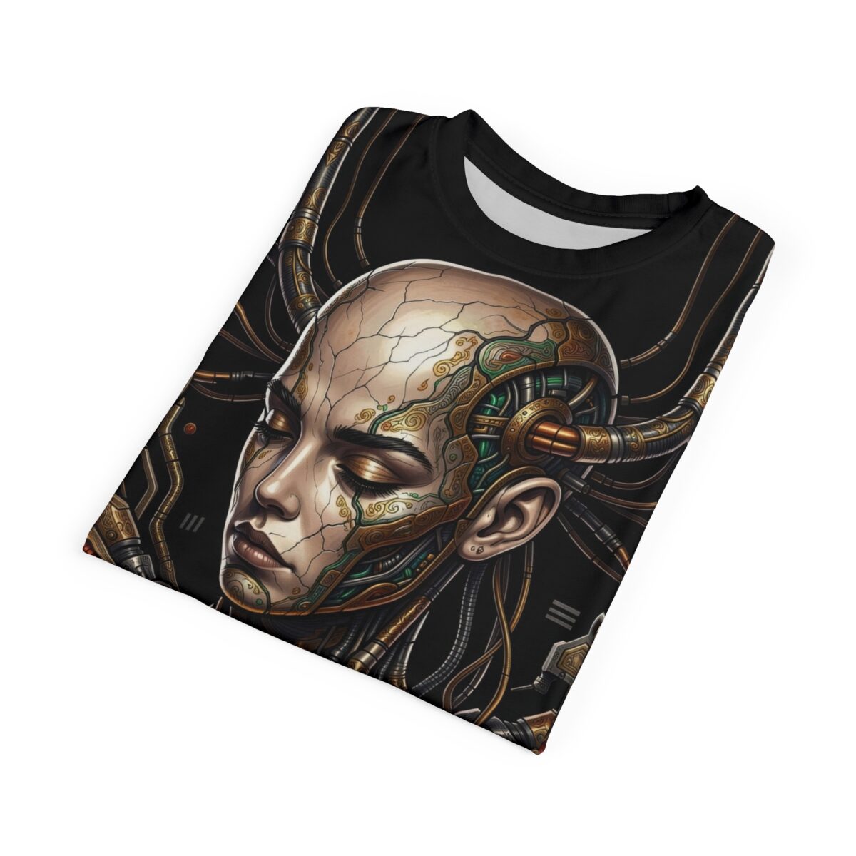 Cyberpunk robot head sublimation tee with intricate gold and green mechanical details and cracked skin, wrap around graphic.