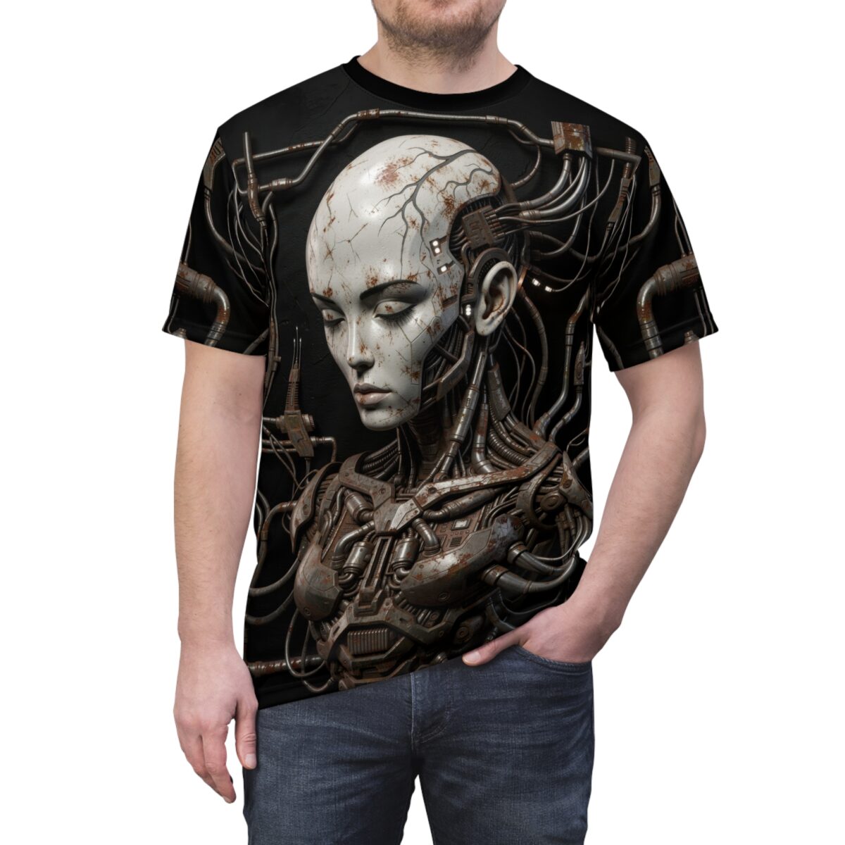 Cyberpunk robot head with intricate mechanical details and wires, printed on an all over print t-shirt. Streetwear aesthetic graphic.