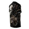 Cyberpunk robot head with intricate wiring and rusty metal details on a black all over print sublimation tee.