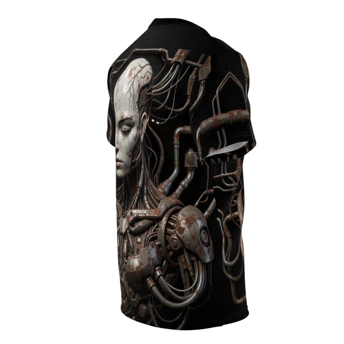 Cyberpunk robot head with intricate wiring and rusty metal details on a black all over print sublimation tee.