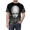All over print t-shirt with detailed cyberpunk robot head and intricate mechanical body in grayscale.
