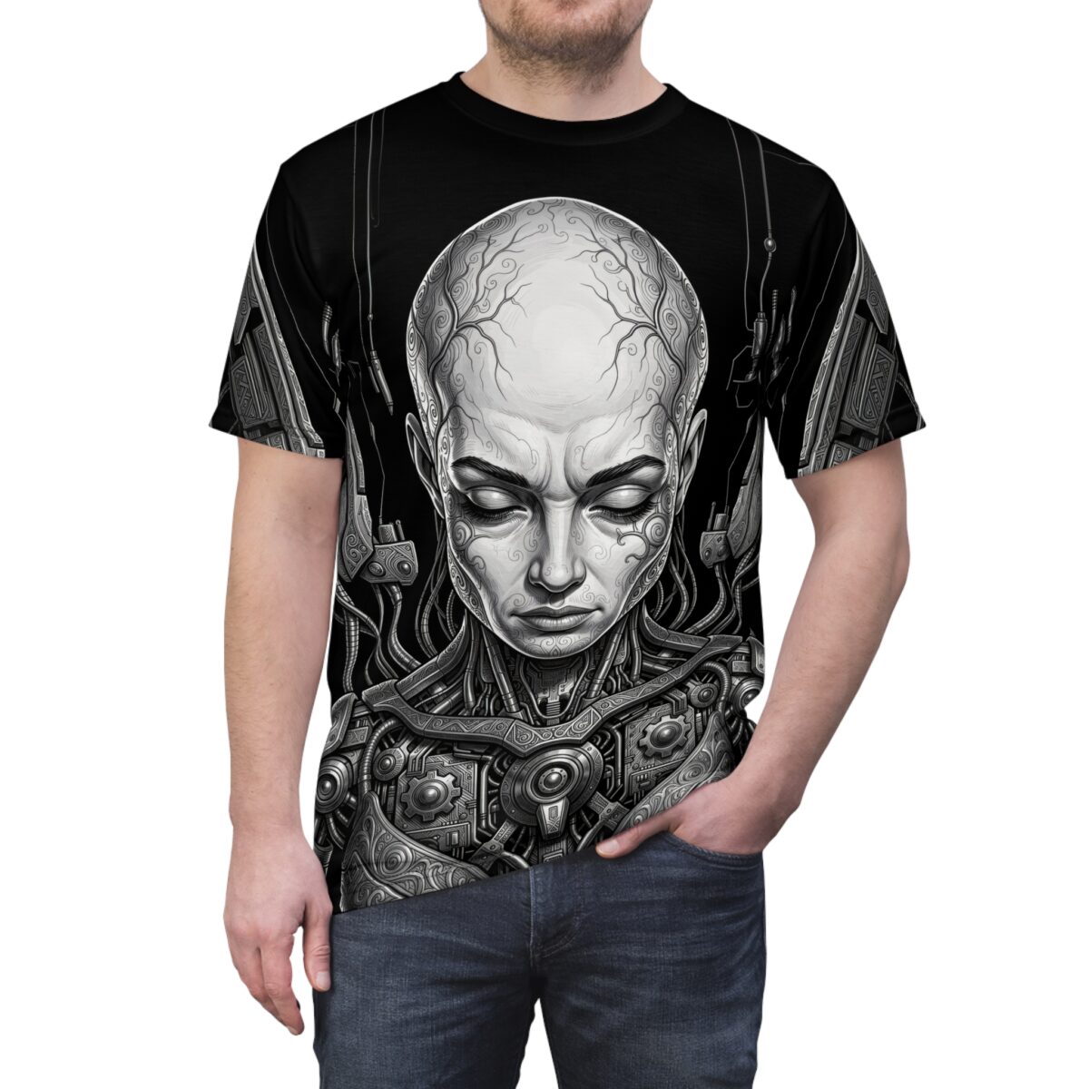 All over print t-shirt with detailed cyberpunk robot head and intricate mechanical body in grayscale.