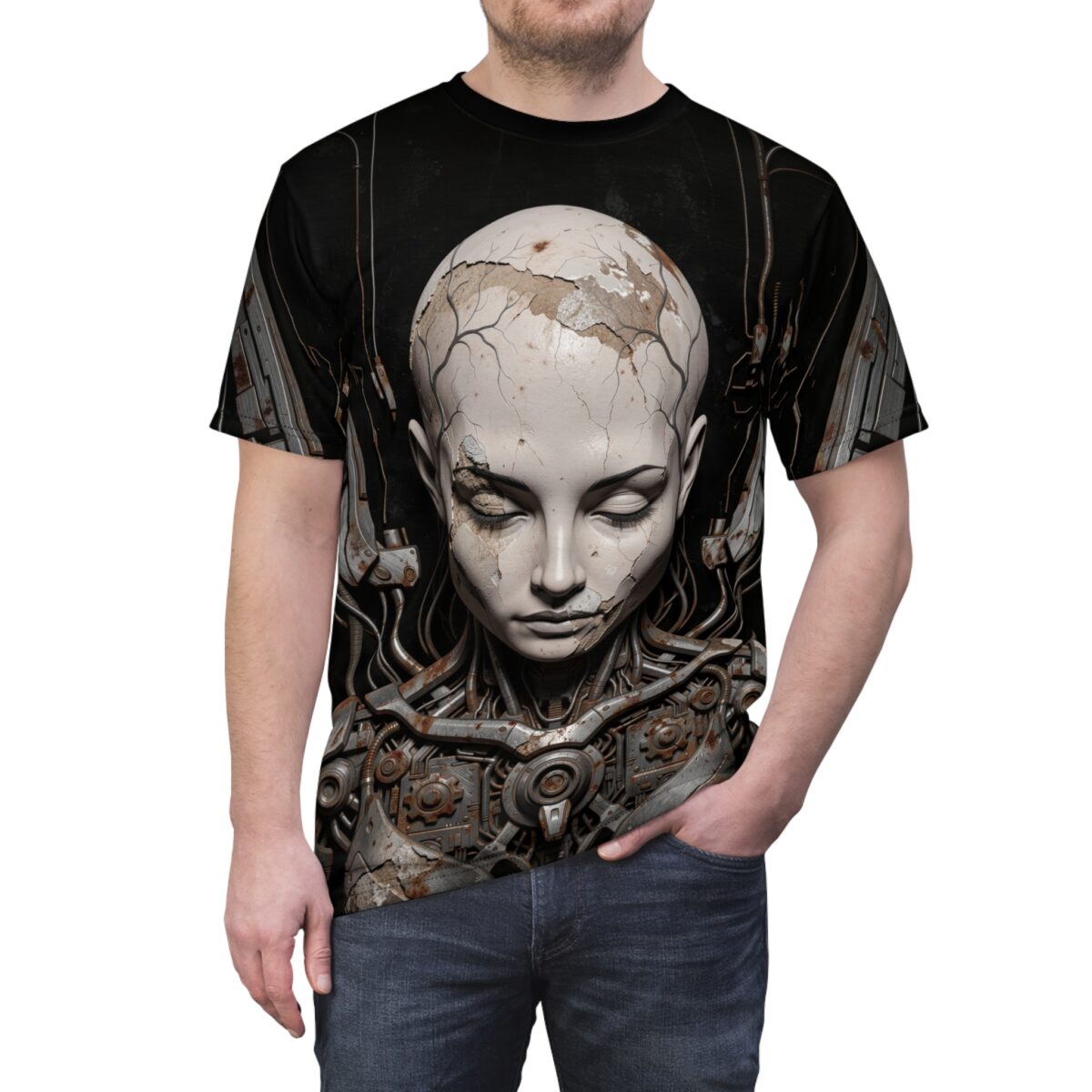 Cyberpunk robot head and mechanical parts all over print sublimation tee with a distressed, cracked aesthetic.