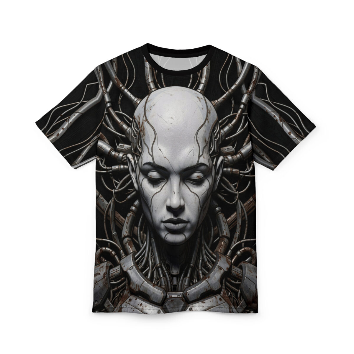 Cyberpunk robot head with wires all over print sublimation tee, dark gothic streetwear aesthetic.