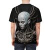 Cyberpunk robot head graphic sublimation tee featuring intricate mechanical details and blue circuit lines on a black background.