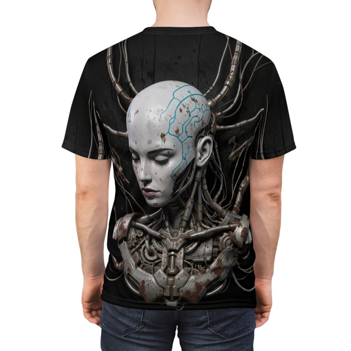 Cyberpunk robot head graphic sublimation tee featuring intricate mechanical details and blue circuit lines on a black background.