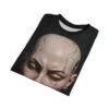 Black graphic t-shirt featuring a detailed cyberpunk robot head with cracked porcelain skin and expressive eyes, high-detail face print.