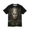 Black t-shirt featuring a detailed cyberpunk robot head with intricate mechanical wiring and a diamond emblem on the forehead.