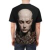 Black t-shirt with a detailed cyberpunk robot head and mechanical neck graphic.
