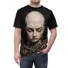 Cyberpunk robot head and mechanical neck detail on a black graphic t-shirt.