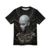 Black cyberpunk t-shirt featuring a detailed robot head with blue circuitry and metal plating, surrounded by wires.