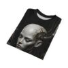 Black graphic t-shirt featuring a realistic cyberpunk robot head with intricate mechanical details and cracked porcelain skin. Cyber grunge aesthetic.